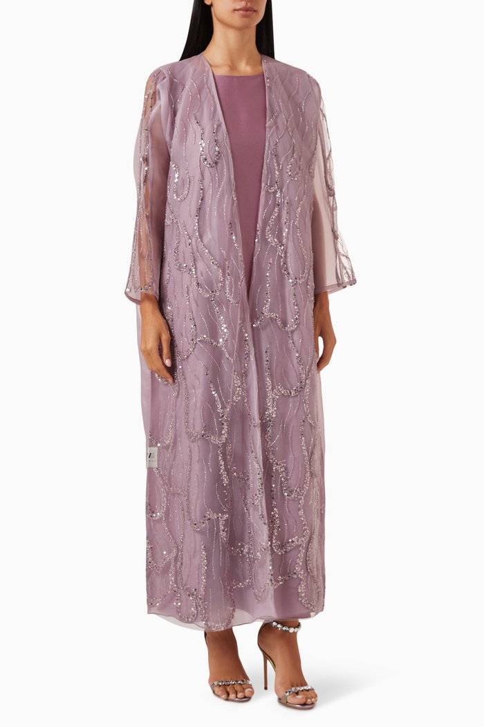 

Curved05 Embroidered Abaya Set in Organza, Purple