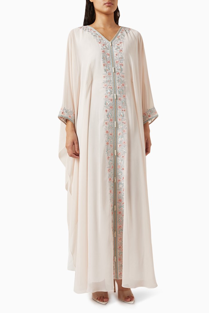 Floral Embroidered Kaftan in Chiffon, Pink