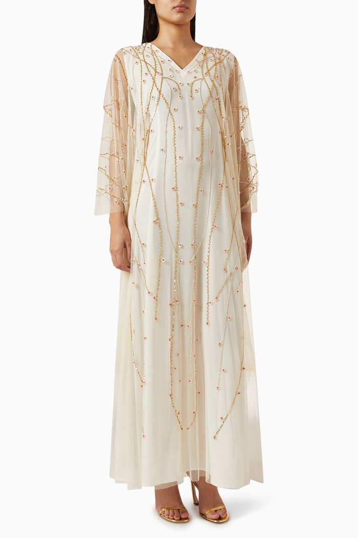 

Floral Embroidered Kaftan in Chiffon, Neutral