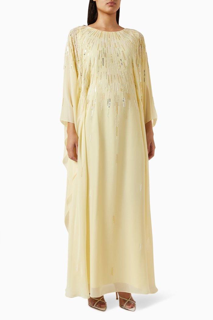 Sequin Embroidered Kaftan in Chiffon, Yellow