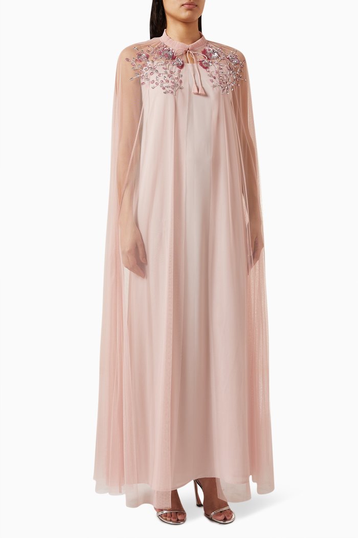 Floral Embroidered Kaftan in Chiffon, Pink