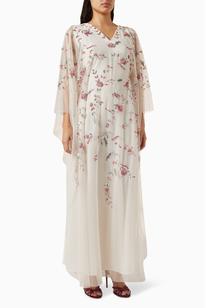 

Floral Embroidered Kaftan in Chiffon, Neutral