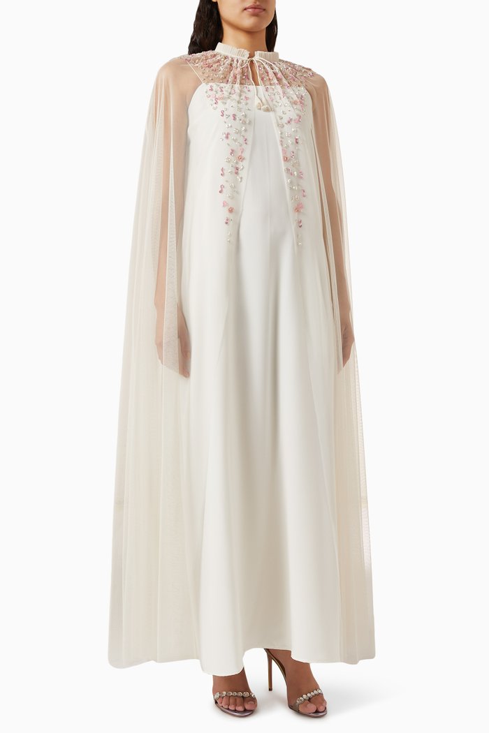 Embroidered Kaftan in Chiffon, White