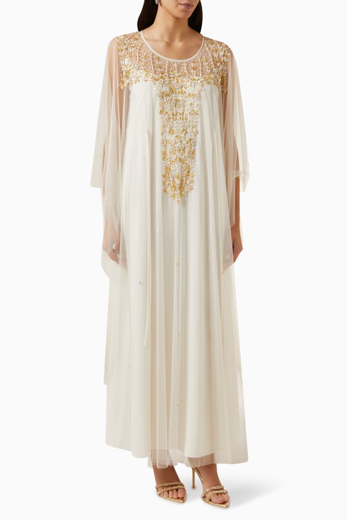 

Floral Embroidered Kaftan in Chiffon, Neutral