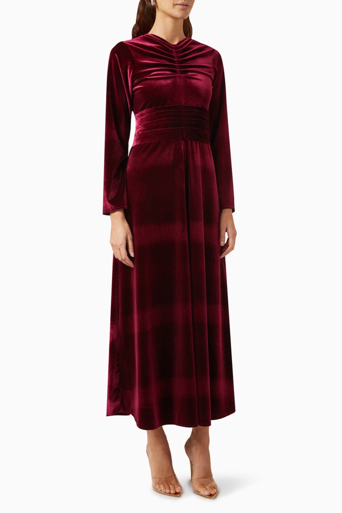 

Ruched Drape Maxi Dress in Velvet, Red