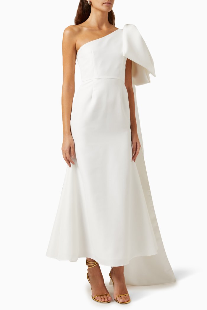 Oversized Bow One-shoulder Maxi Dress in Satin, White