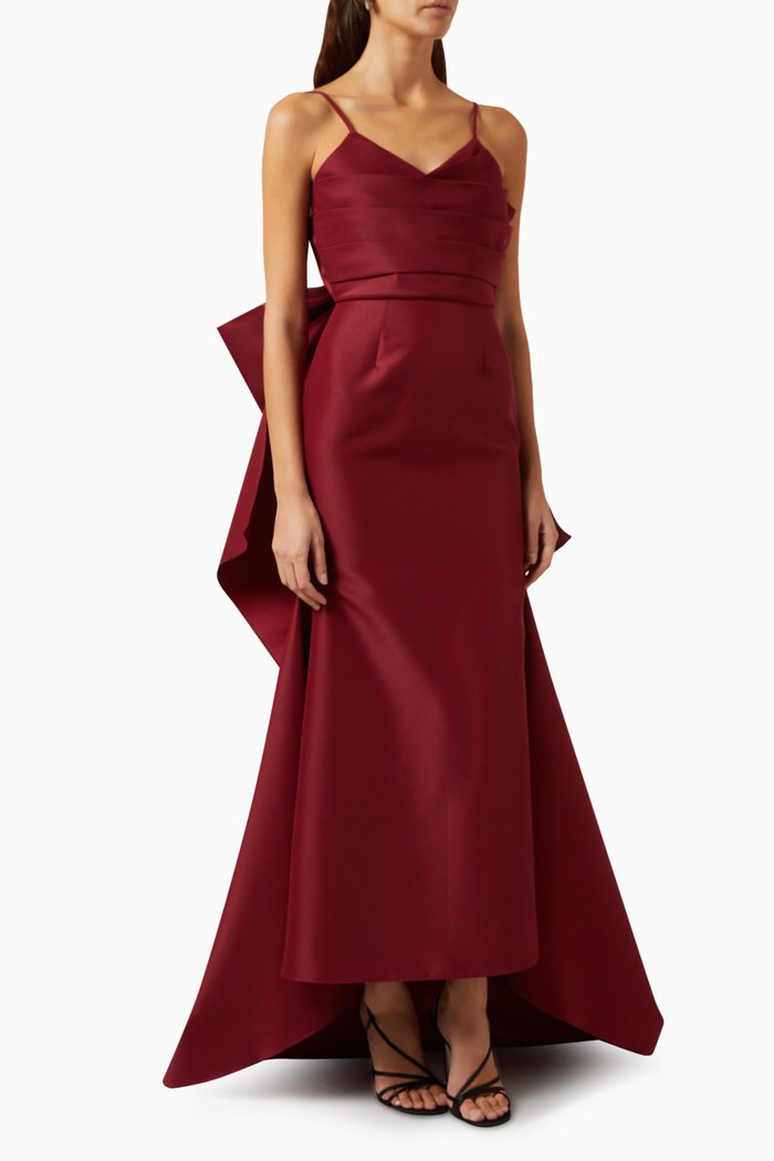 

V-neck Bow Maxi Dress in Satin, Red