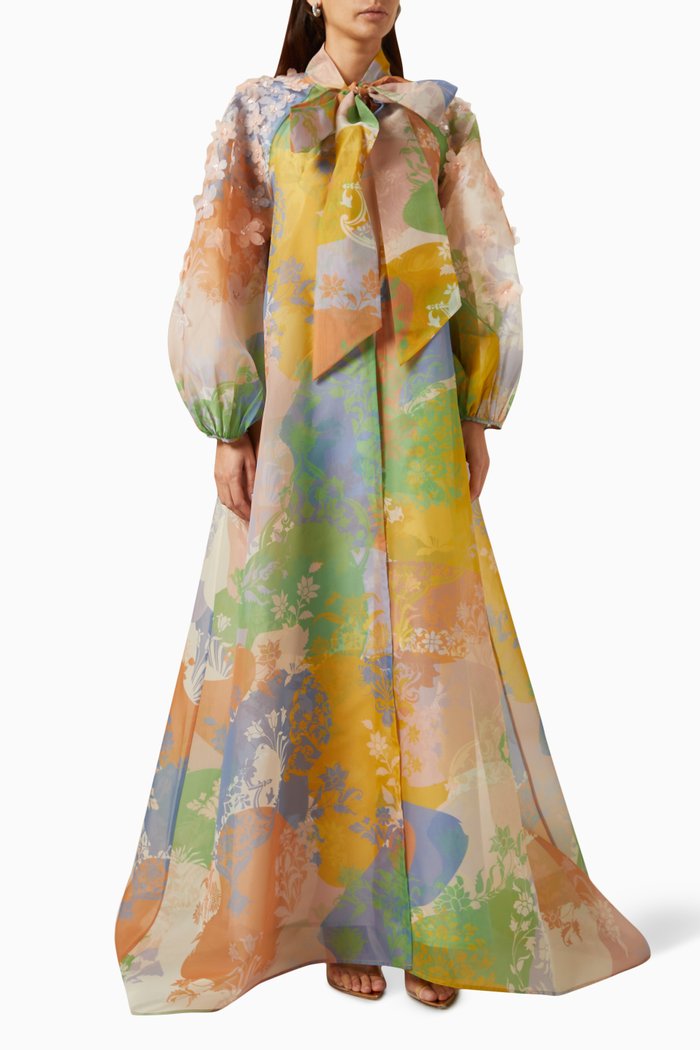 

Floral Embellished Cape & Dress Set in Organza, Multicolour