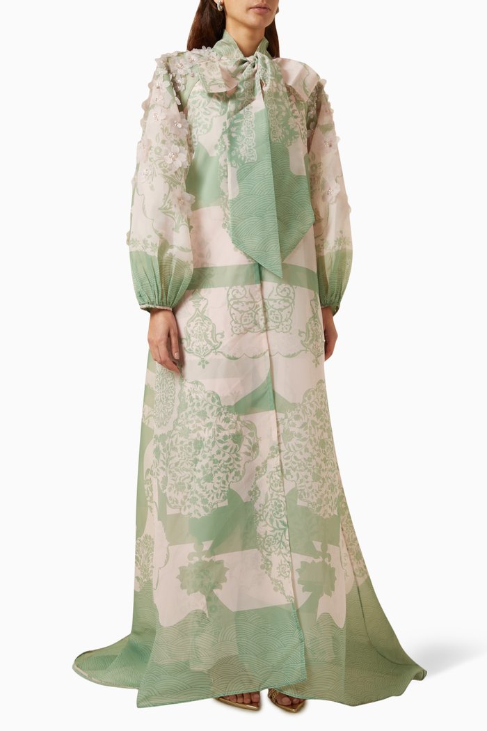 

Floral Printed Cape & Dress Set in Organza, Green