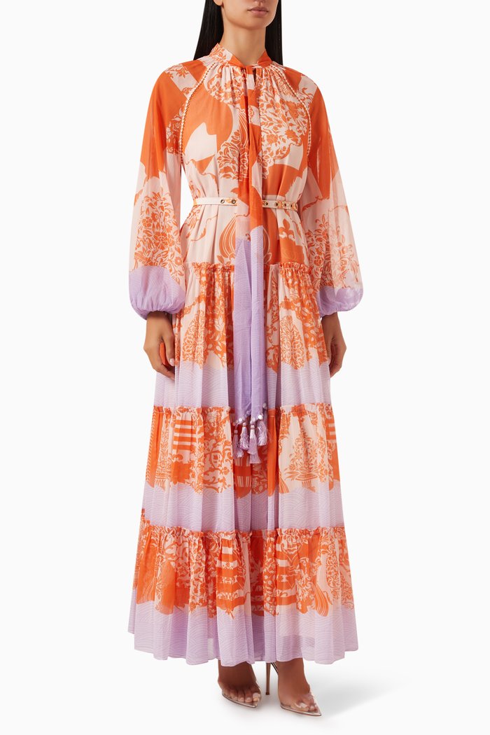 

Floral Printed Maxi Dress in Chiffon, Orange