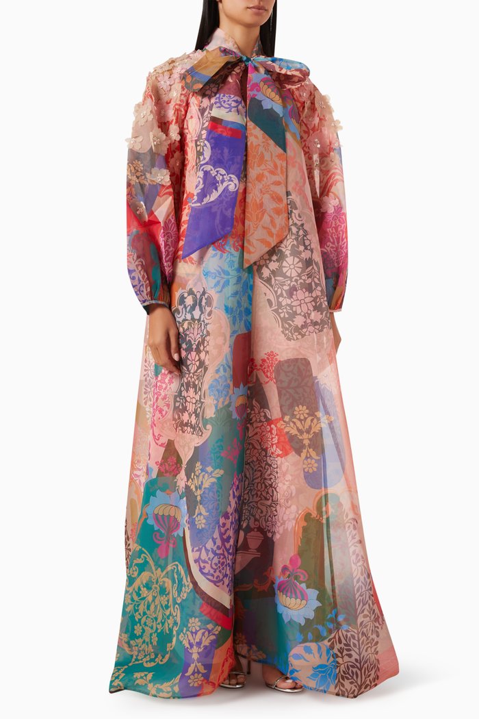 

Embellished Cape Maxi Dress in Organza, Multicolour