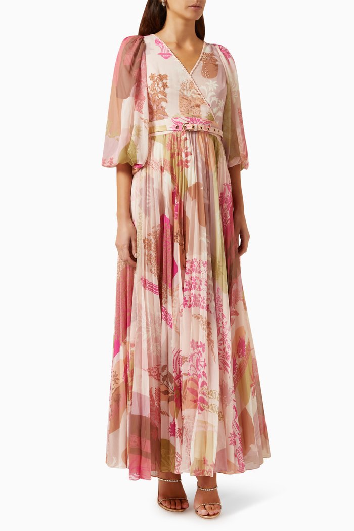 

Floral Printed Maxi Dress in Chiffon, Pink