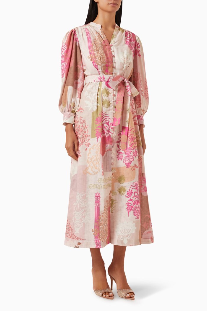 

Floral Printed Midi Dress in Linen-blend, Pink