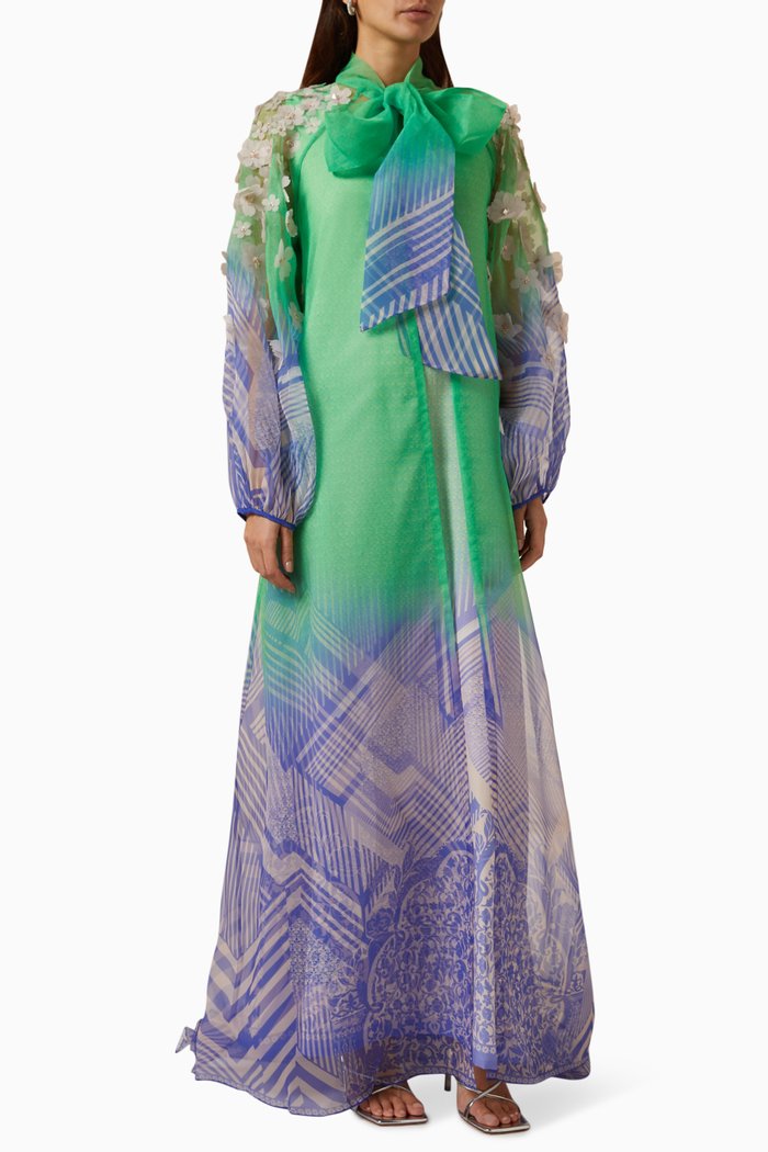 

Embellished Cape & Dress Set in Organza, Green