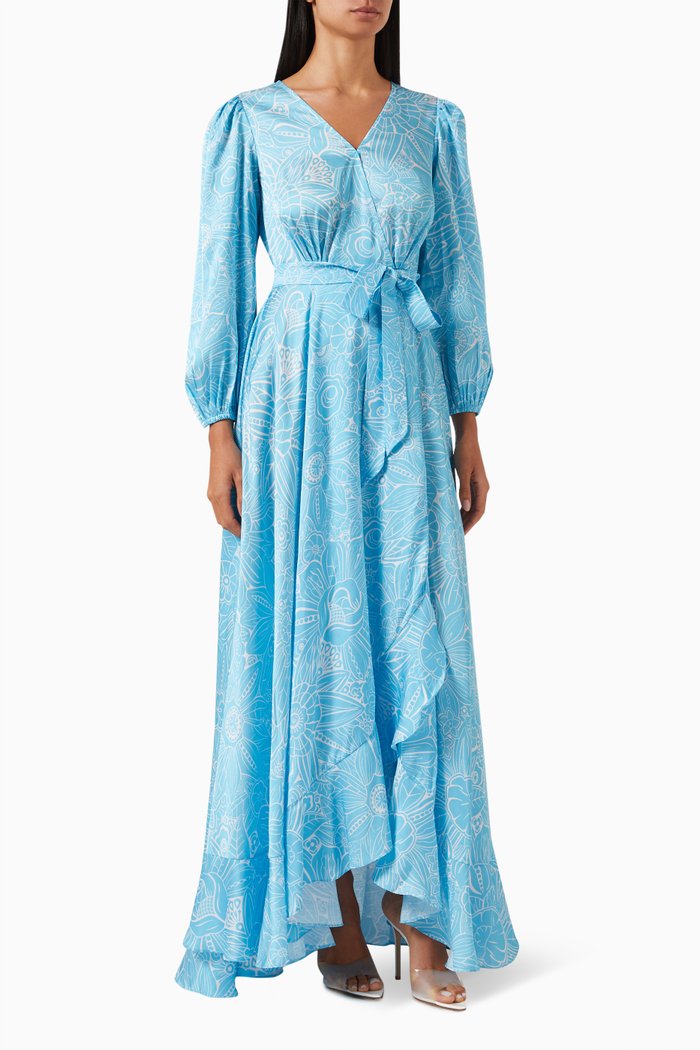 

Floral Printed Maxi Dress in Satin, Blue