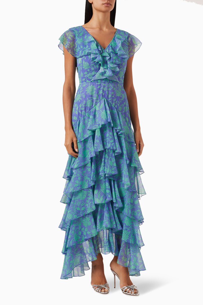 

Ruffled Maxi Dress in Chiffon, Blue