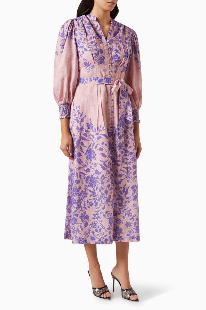 

Tulip-A Floral-print Midi Dress in Linen-blend, Pink