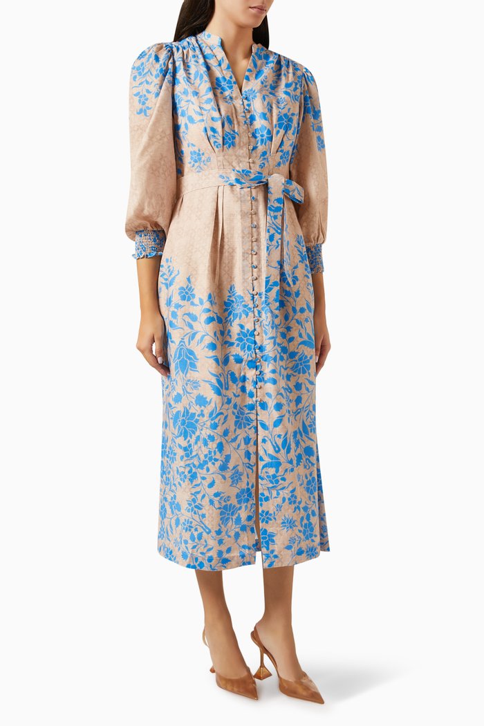 

Tulip-A Floral-print Midi Dress in Linen-blend, Blue