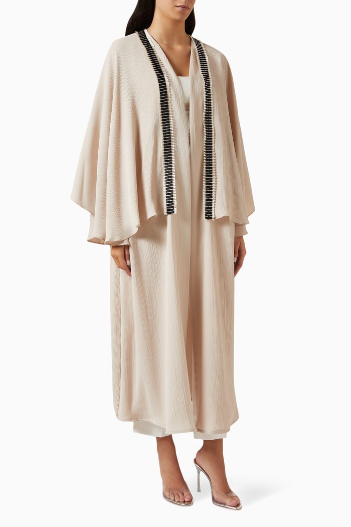

Cape-sleeve Embroidered Abaya in Plissé, Neutral