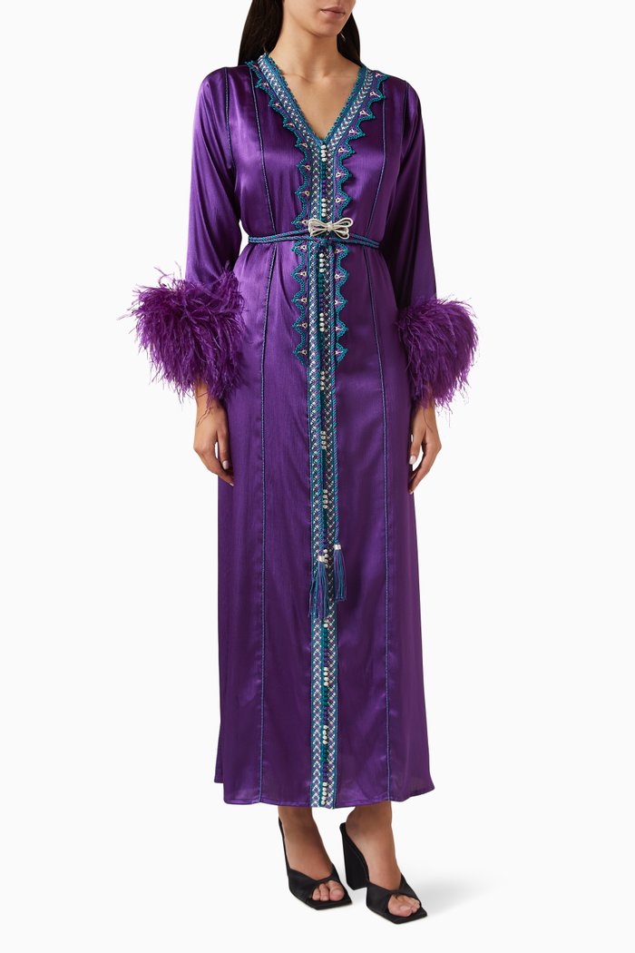 Feather-trimmed Moroccan Kaftan Dress in Satin, Purple