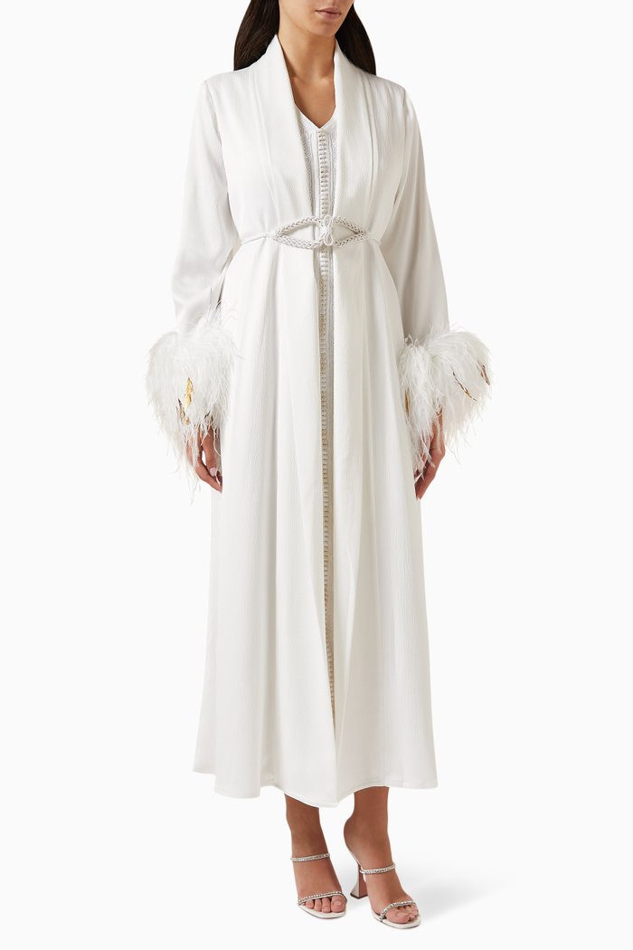 

Feather-trimmed Moroccan Kaftan Set, White