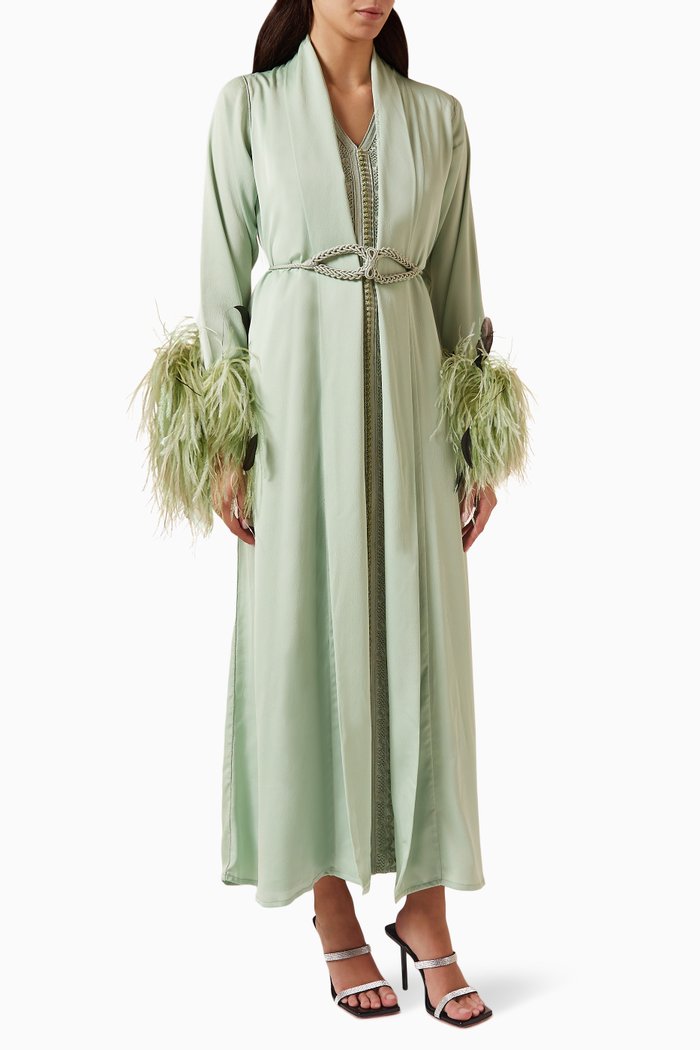 

Feather-trimmed Moroccan Kaftan Set, Green