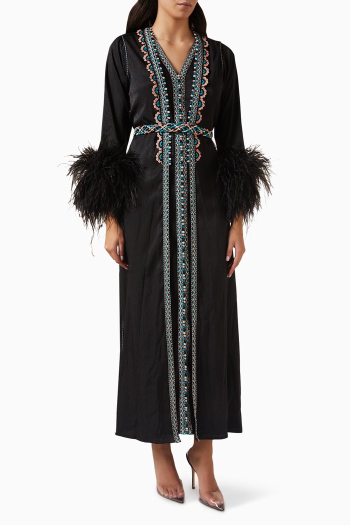 

Feather-trimmed Moroccan Kaftan Set, Black