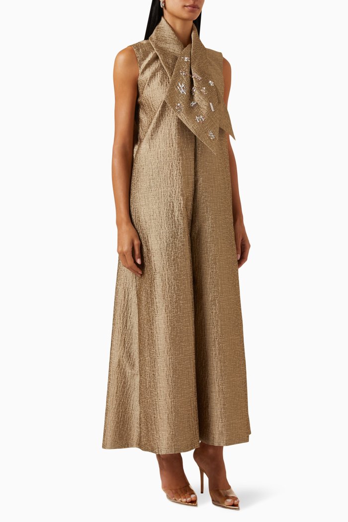 

Embellished Longline Coat in Textured Jacquard, Gold