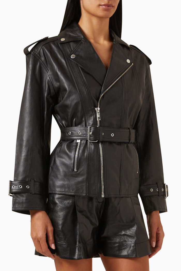 

Oversized Biker Jacket in Leather, Black