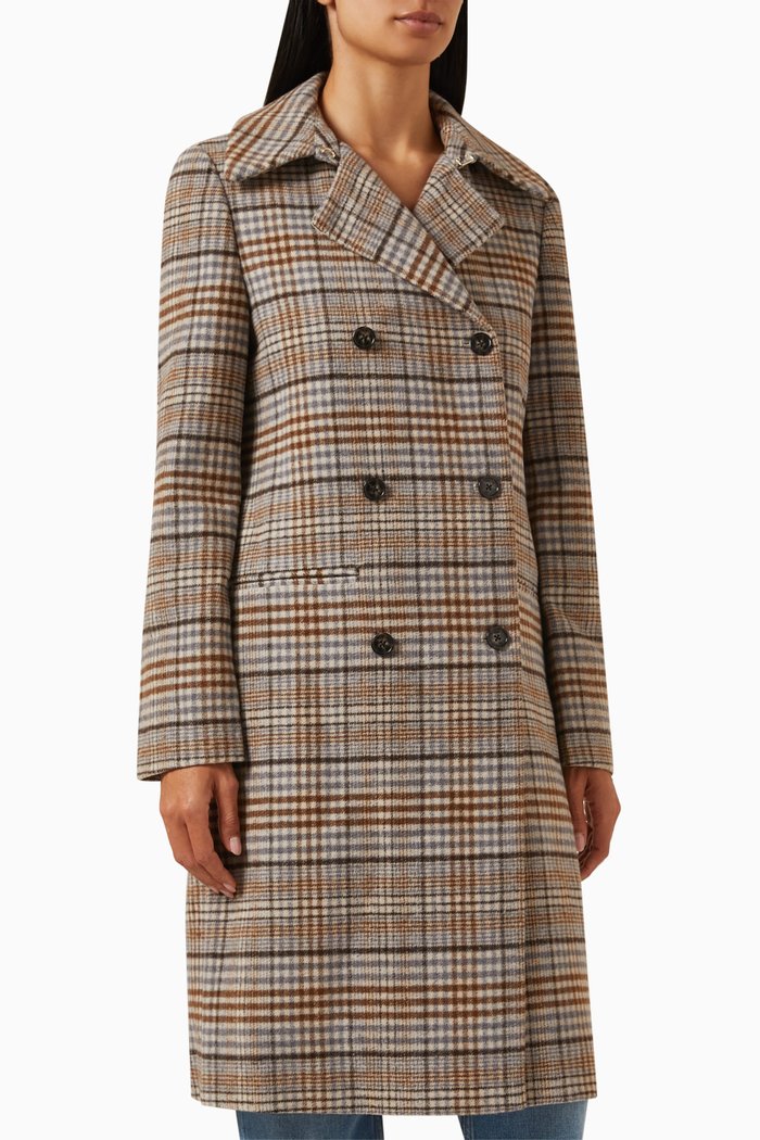 

Checked Double-breasted Straight Coat in Knit, Neutral