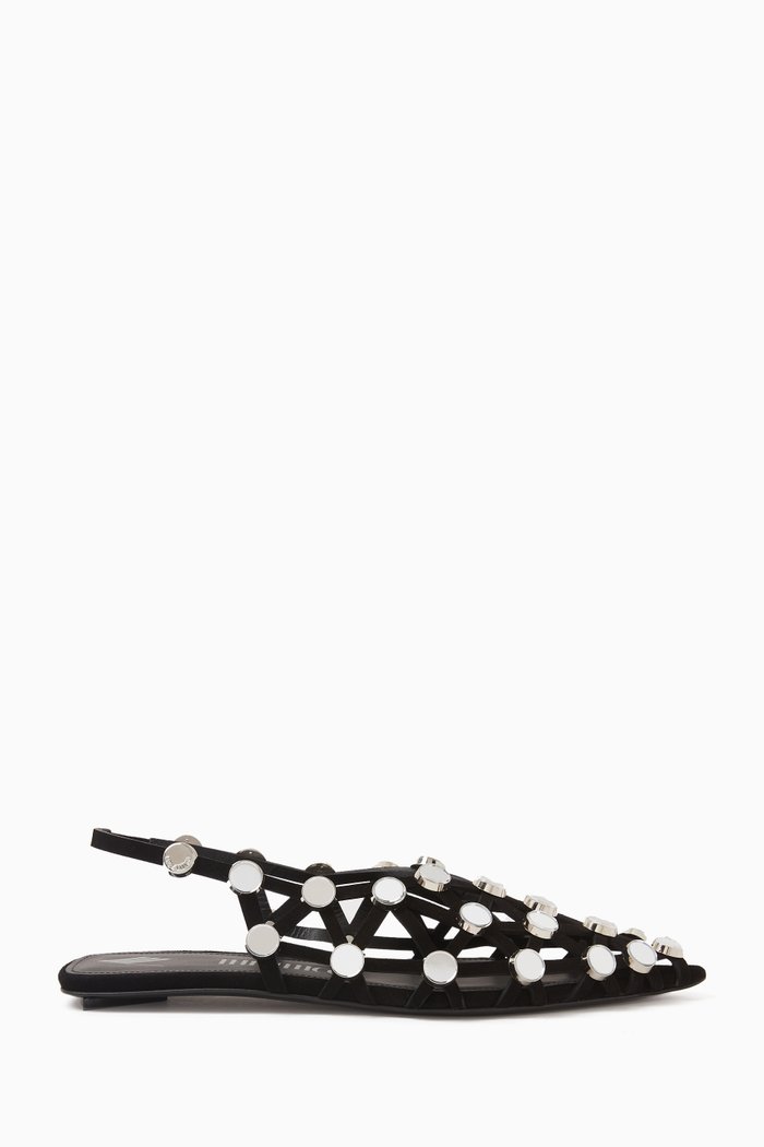 Grid Mirror-embellished Slingback Ballet Flats in Suede, Black