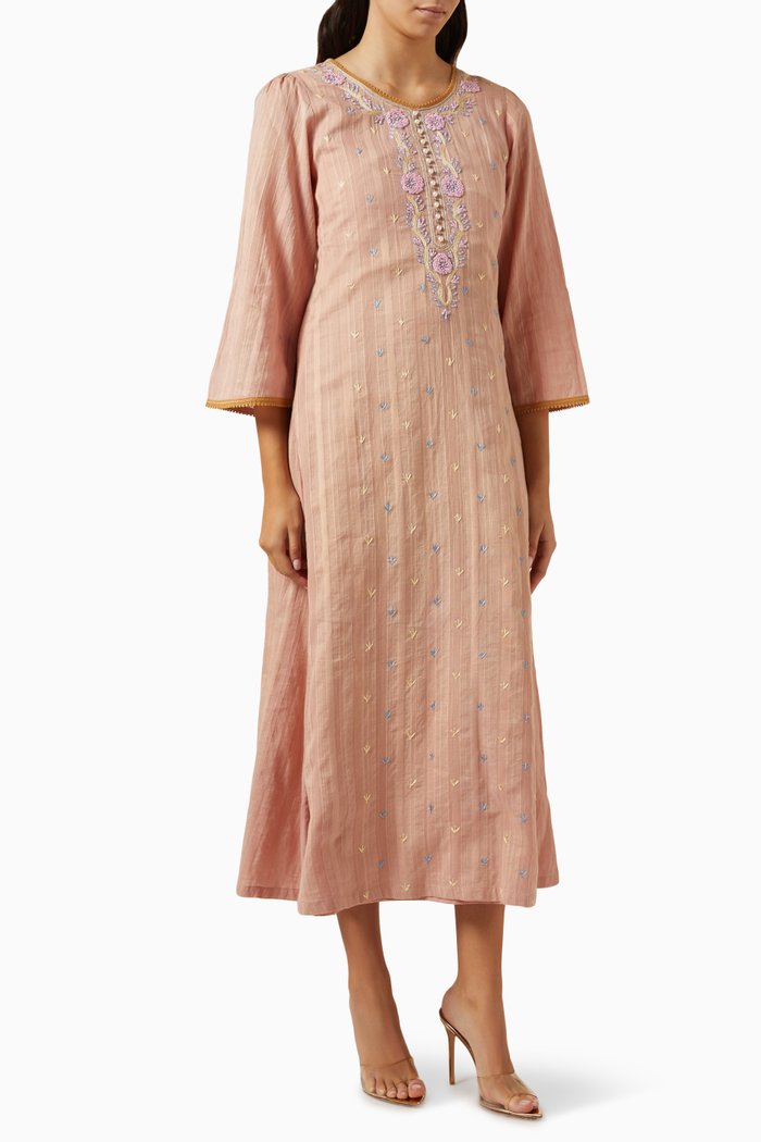 

Embroidered Midi Dress in Cotton Blend, Neutral