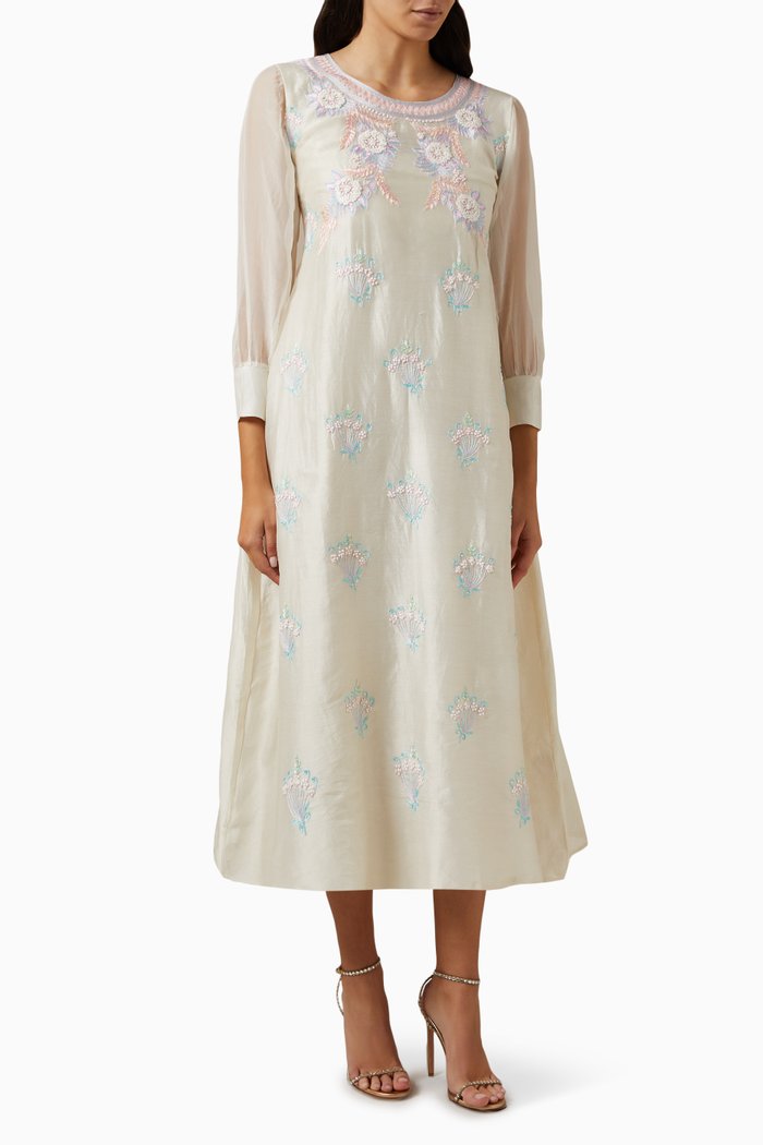 

Embroidered Midi Dress in Cotton Blend, Neutral