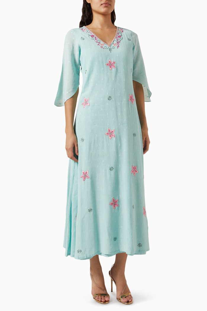 

Embroidered Midi Dress in Polka Dot Crinkled Fabric, Blue