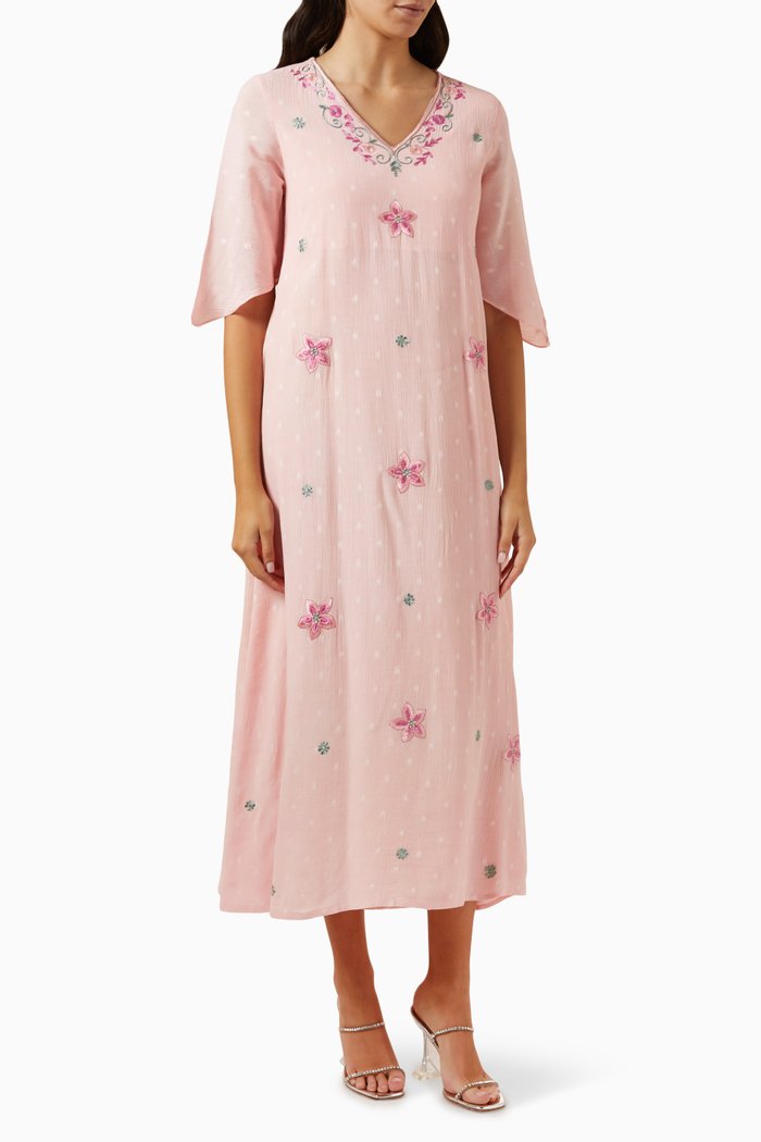 

Embroidered Midi Dress in Polka Dot Crinkled Fabric, Orange