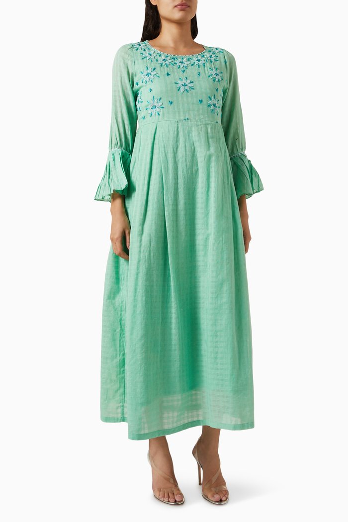 

Embroidered Midi Dress in Cotton Blend, Green