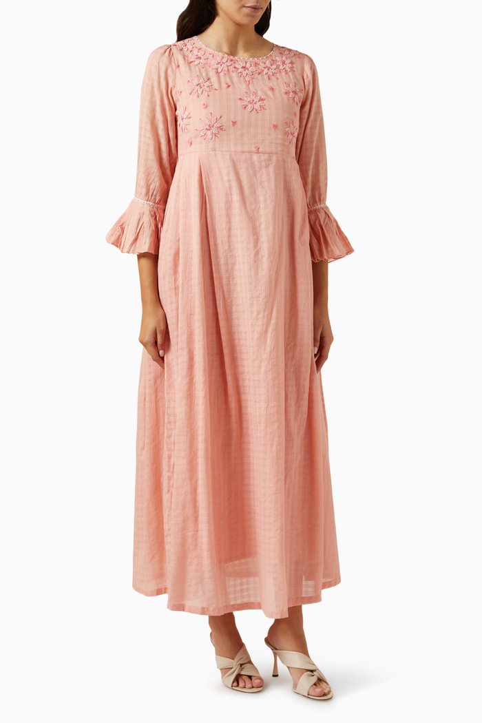 

Embroidered Midi Dress in Cotton Blend, Orange