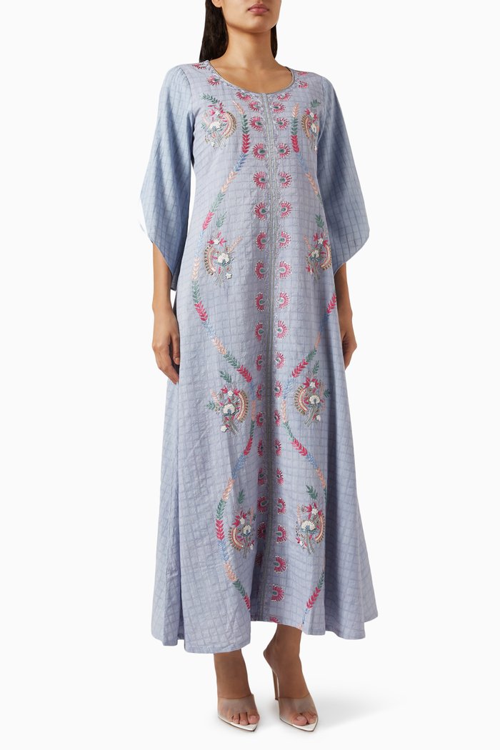 

Embroidered Midi Dress in Check Fabric, Blue