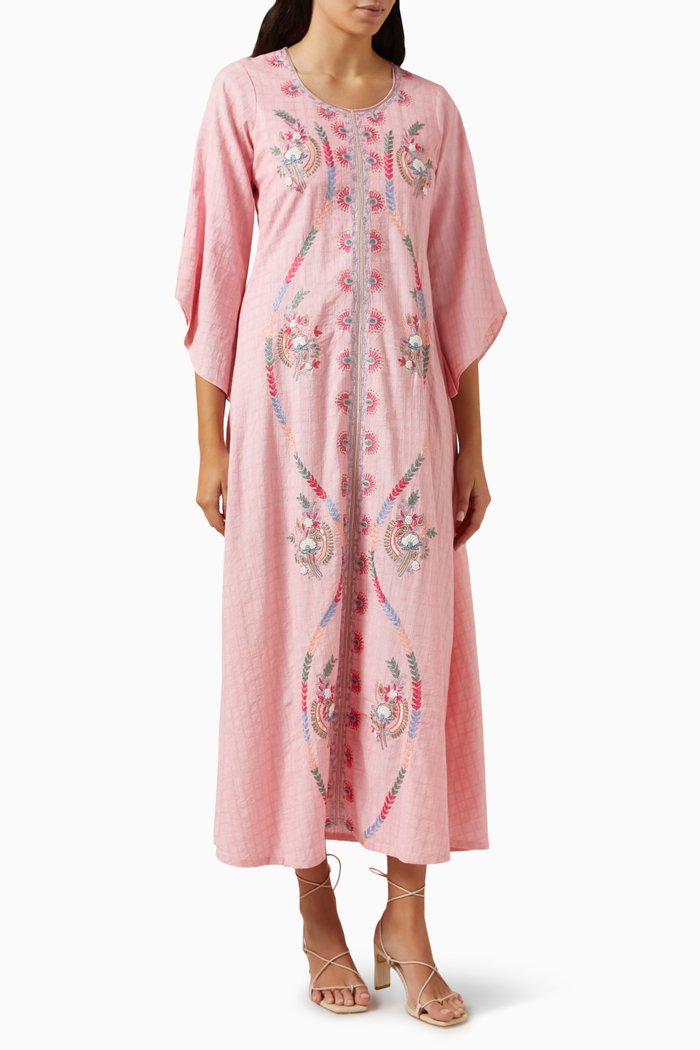 

Embroidered Midi Dress in Check Fabric, Pink