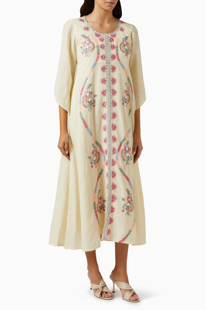

Embroidered Midi Dress in Check Fabric, Yellow