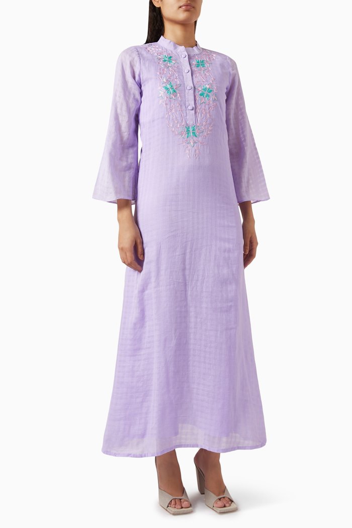

Embroidered Maxi Dress in Check Fabric, Purple