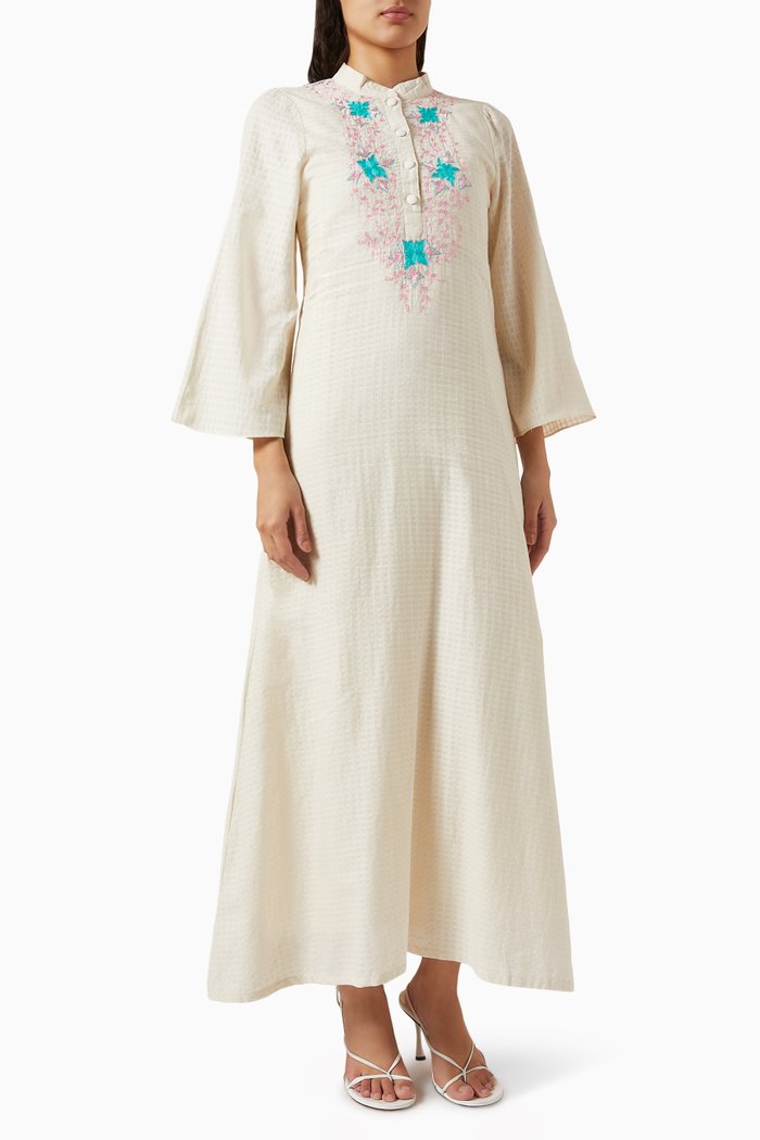 

Embroidered Maxi Dress in Check Fabric, Neutral