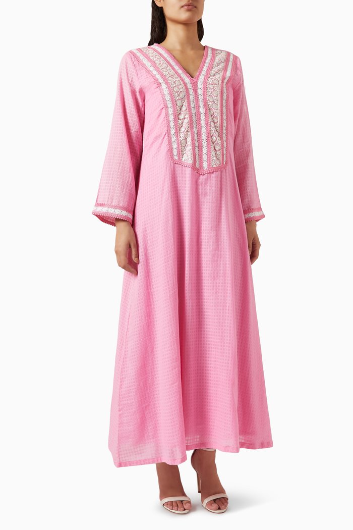 

Embroidered Maxi Dress in Check Fabric, Pink