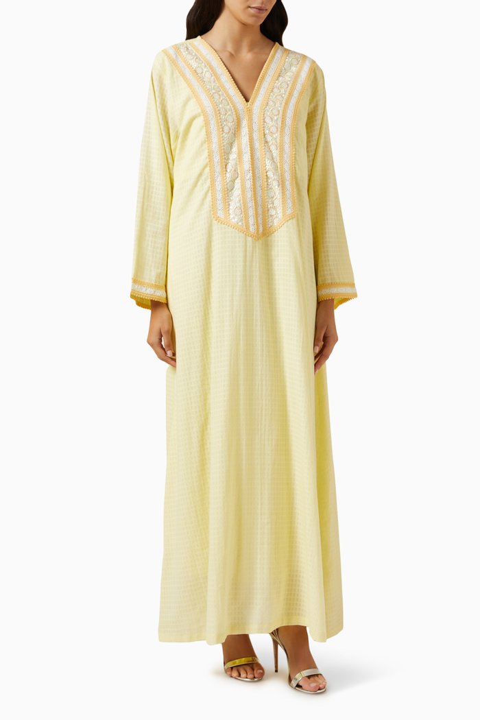 

Embroidered Maxi Dress in Check Fabric, Yellow