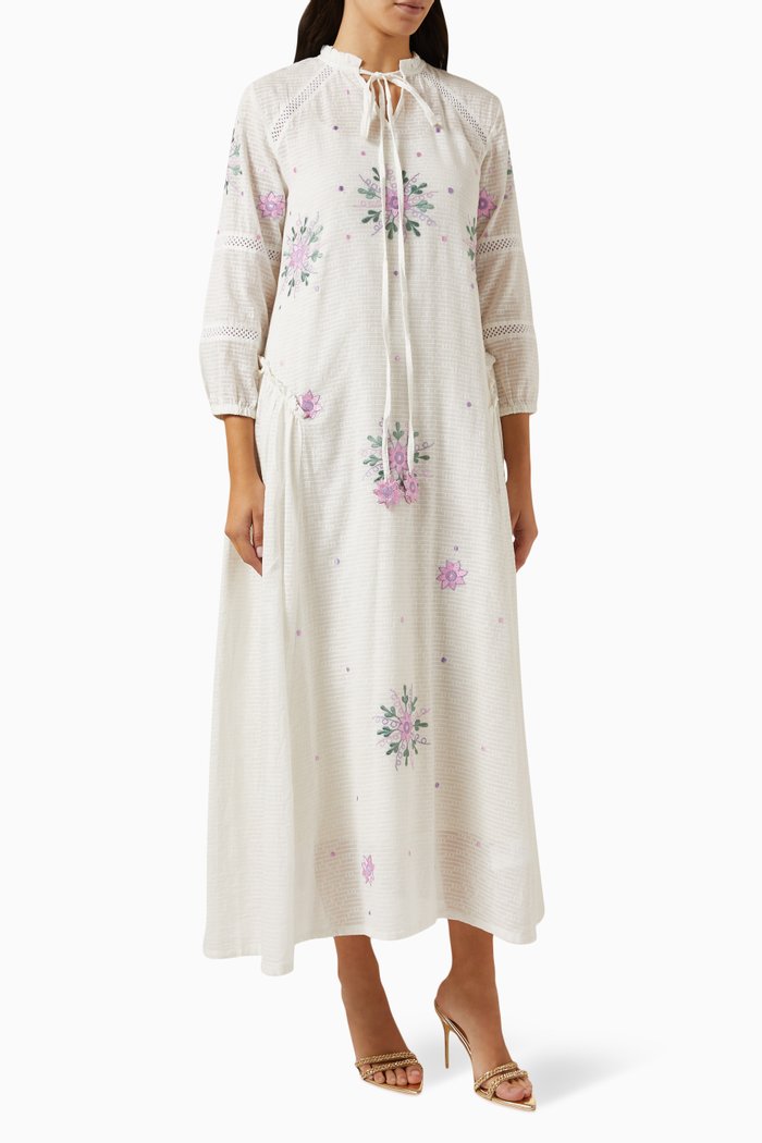 

Embroidered Midi Dress in Check Fabric, Neutral