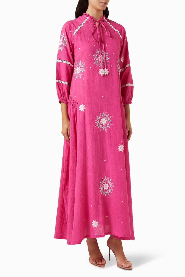 

Embroidered Midi Dress in Check Fabric, Pink
