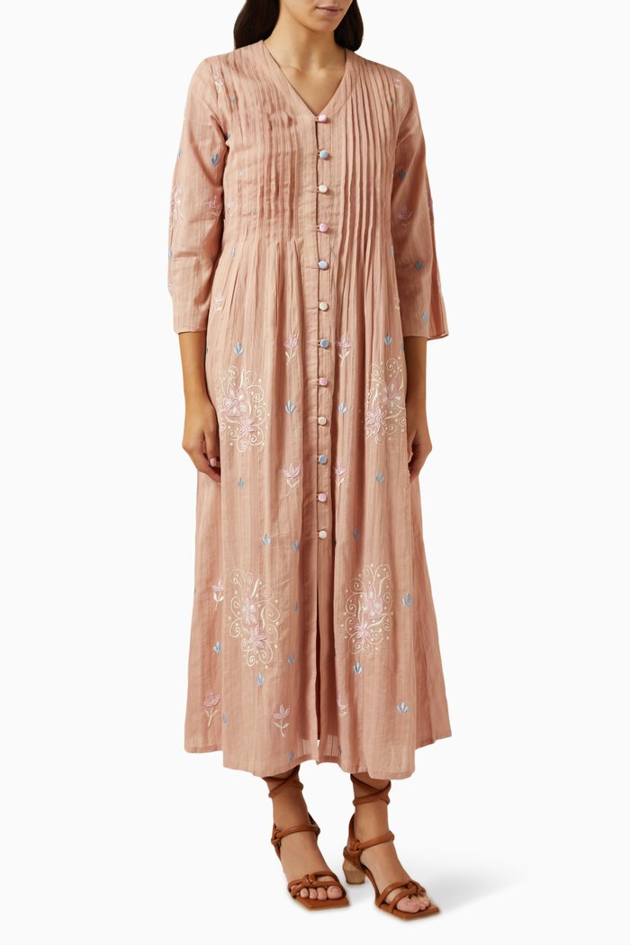 

Embroidered Midi Dress in Stripe Texture Fabric, Neutral