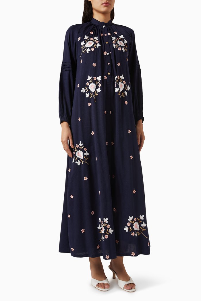 

Embroidered Maxi Dress in Pinstripe Fabric, Blue