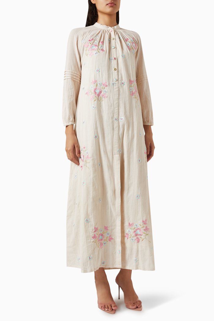 

Embroidered Maxi Dress in Pinstripe Fabric, Neutral