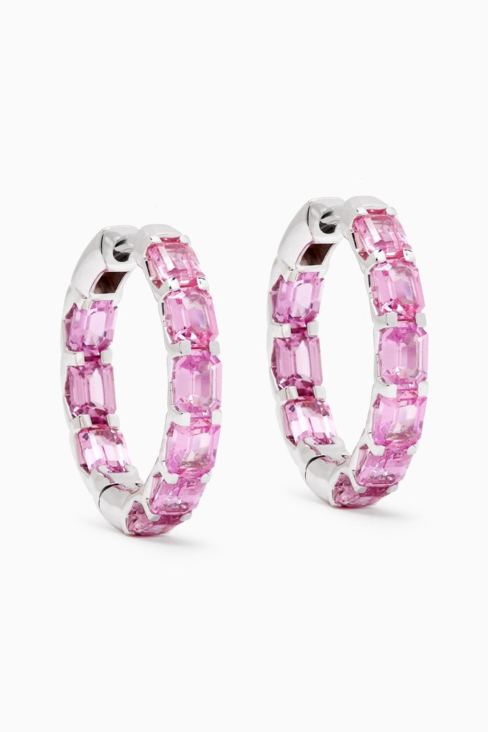 

Emerald-cut Sapphire Hoop Earrings in 18kt White Gold, Pink